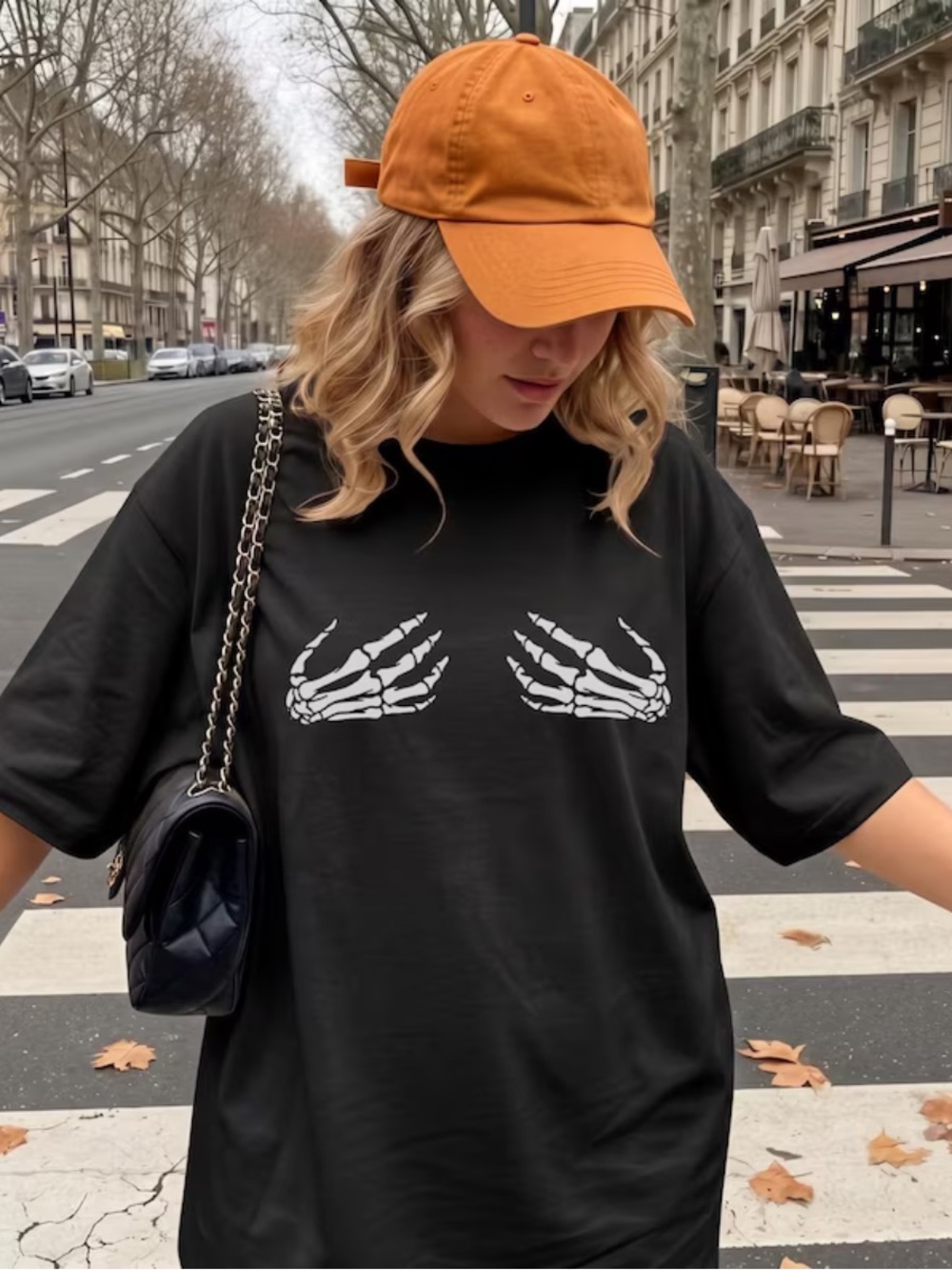 Women’s Black Halloween Graphic Skeleton-Hands Tee